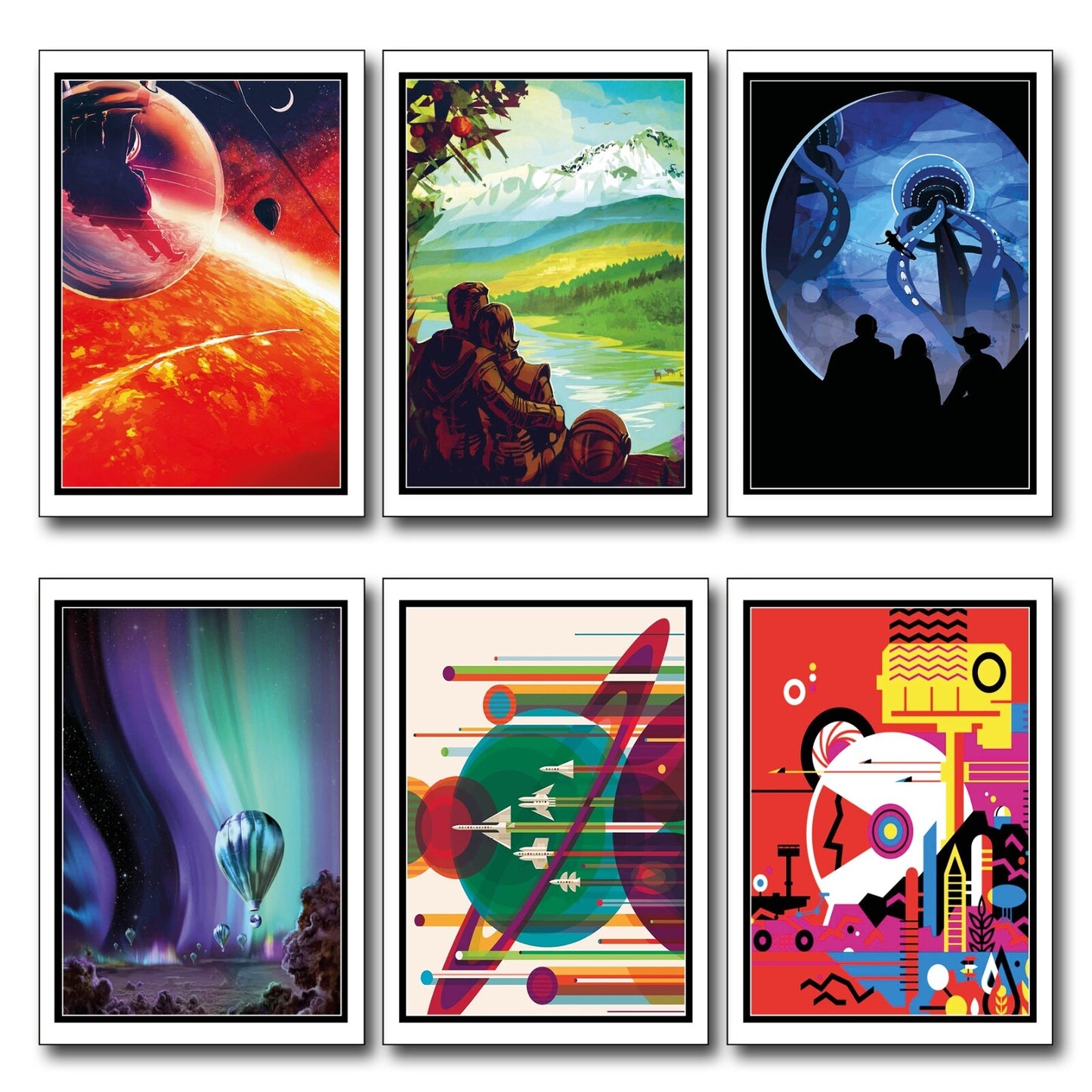 Set of six vintage fridge magnets featuring mid-century space travel retro designs, perfect for retro kitchen decor.