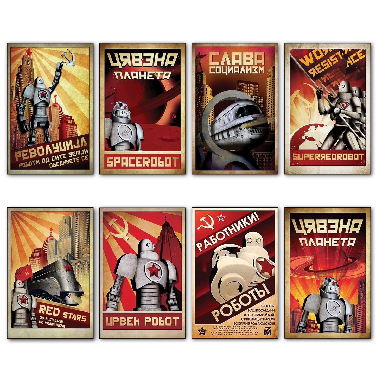 Set of 8 vintage sci-fi robot-themed fridge magnets featuring stylized metropolis designs, perfect for retro kitchen decor.