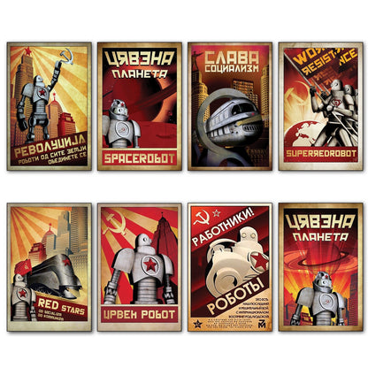 Set of 8 vintage sci-fi robot-themed fridge magnets featuring stylized metropolis designs, perfect for retro kitchen decor.