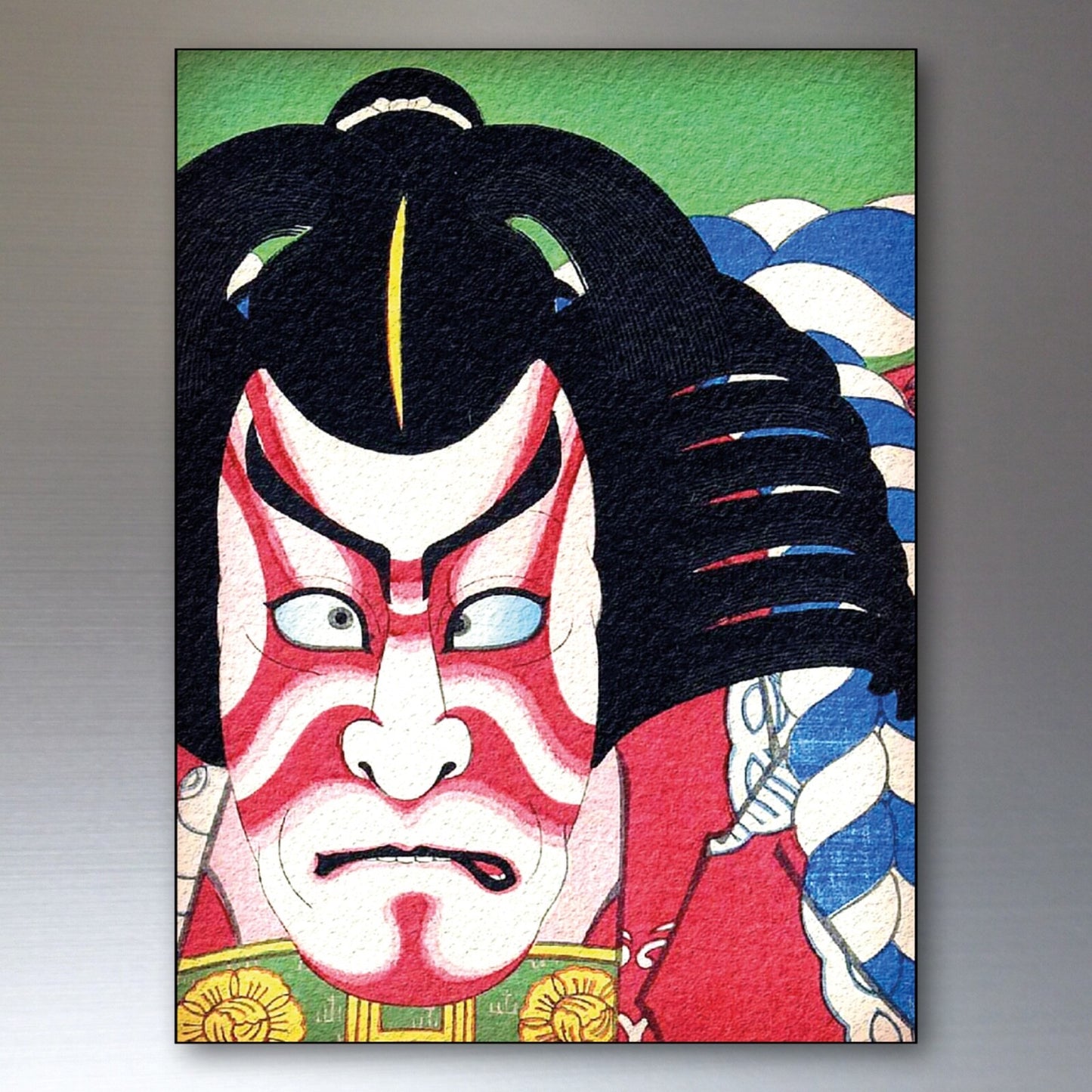 Japanese decorative art fridge magnets set of 8 featuring traditional Edo period kabuki mask designs.