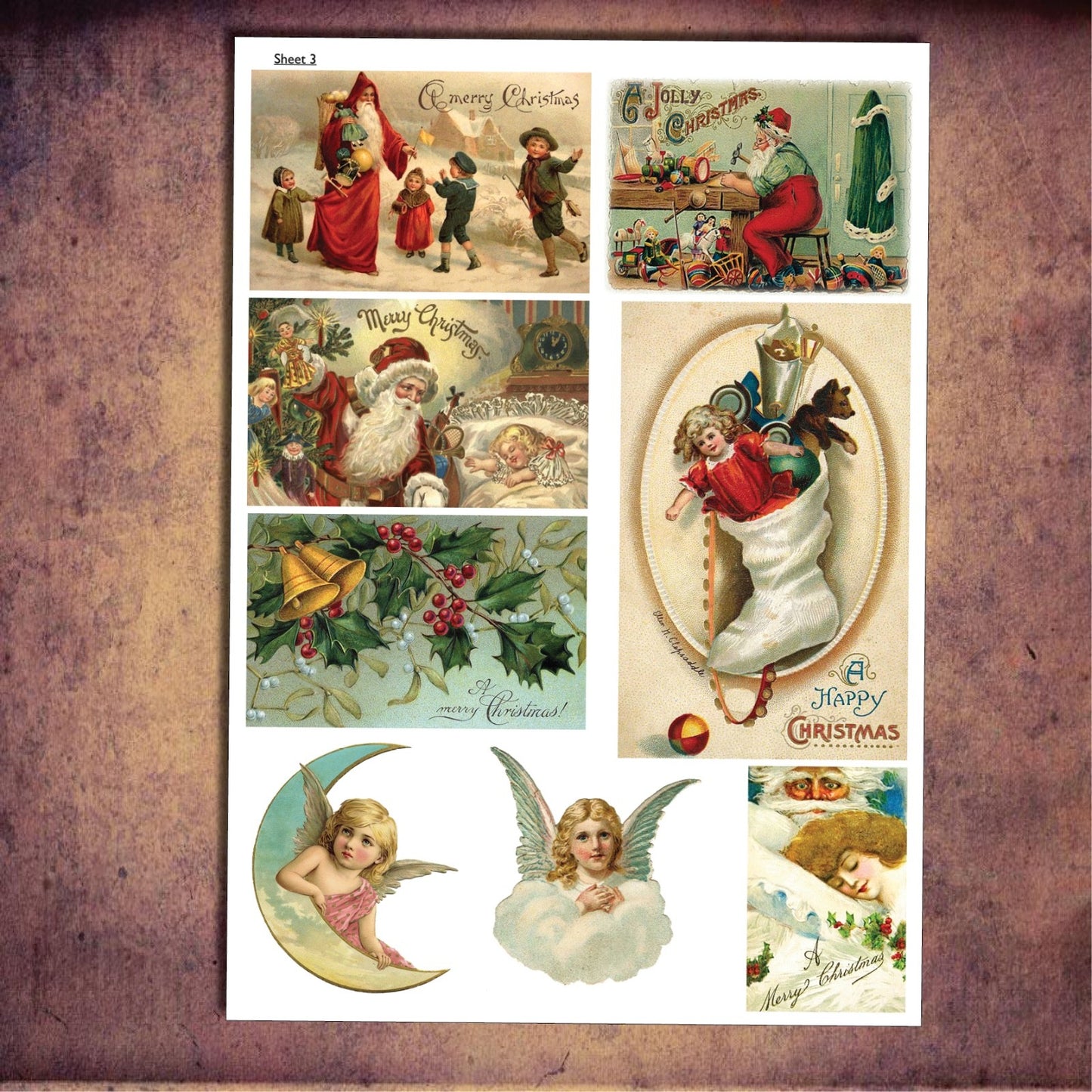 Vintage Christmas label craft making self-adhesive sticker sheets by Bubbadoodoo, featuring festive holiday designs on A4 sheets.