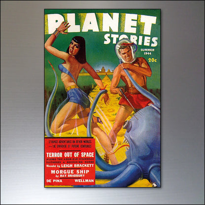Set of 8 vintage retro sci-fi comic cover fridge magnets featuring colorful space and futuristic illustrations.