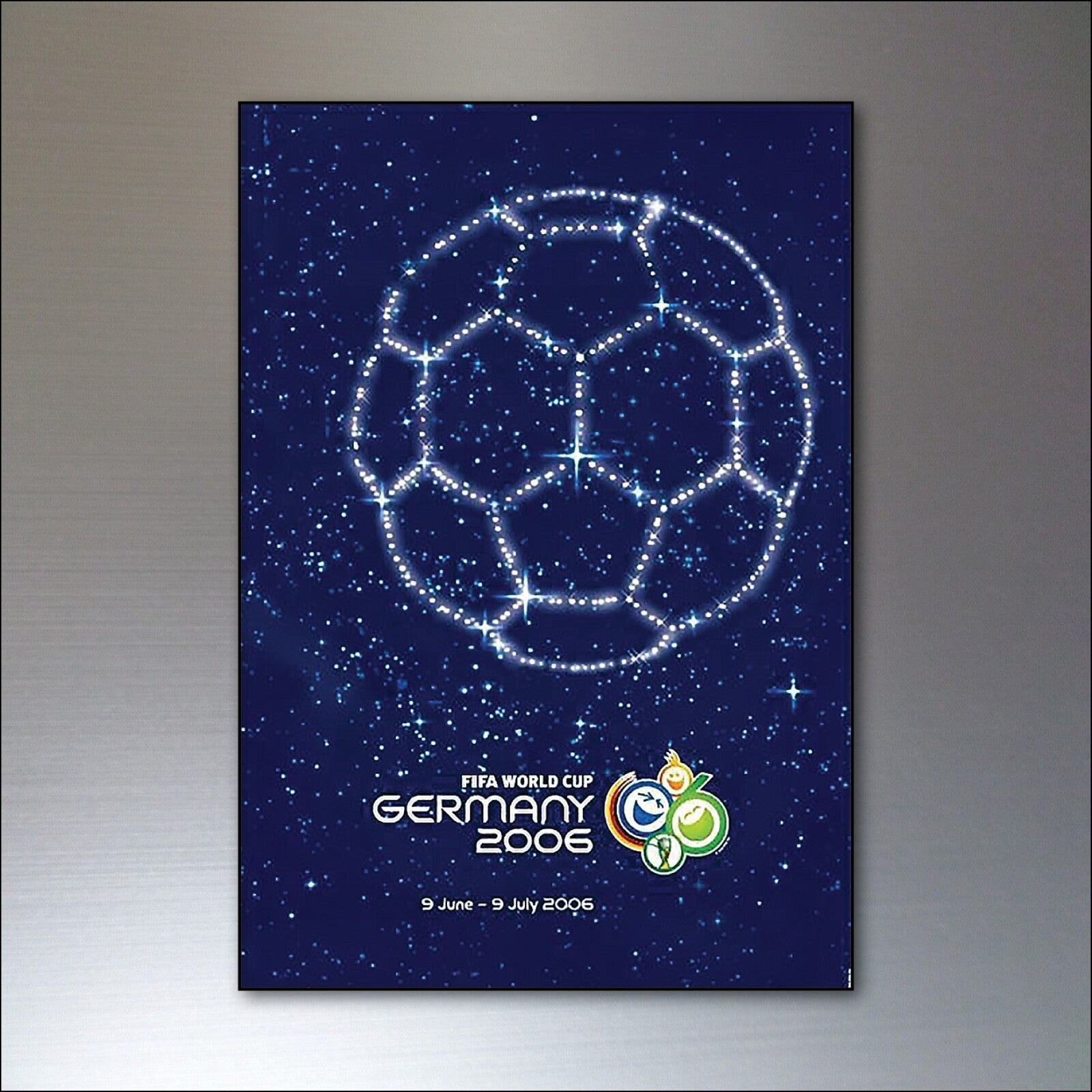 Set of 8 vintage football World Cup posters fridge magnets from 1986 to 2014 with colorful tournament designs.