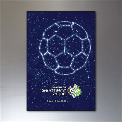 Set of 8 vintage football World Cup posters fridge magnets from 1986 to 2014 with colorful tournament designs.