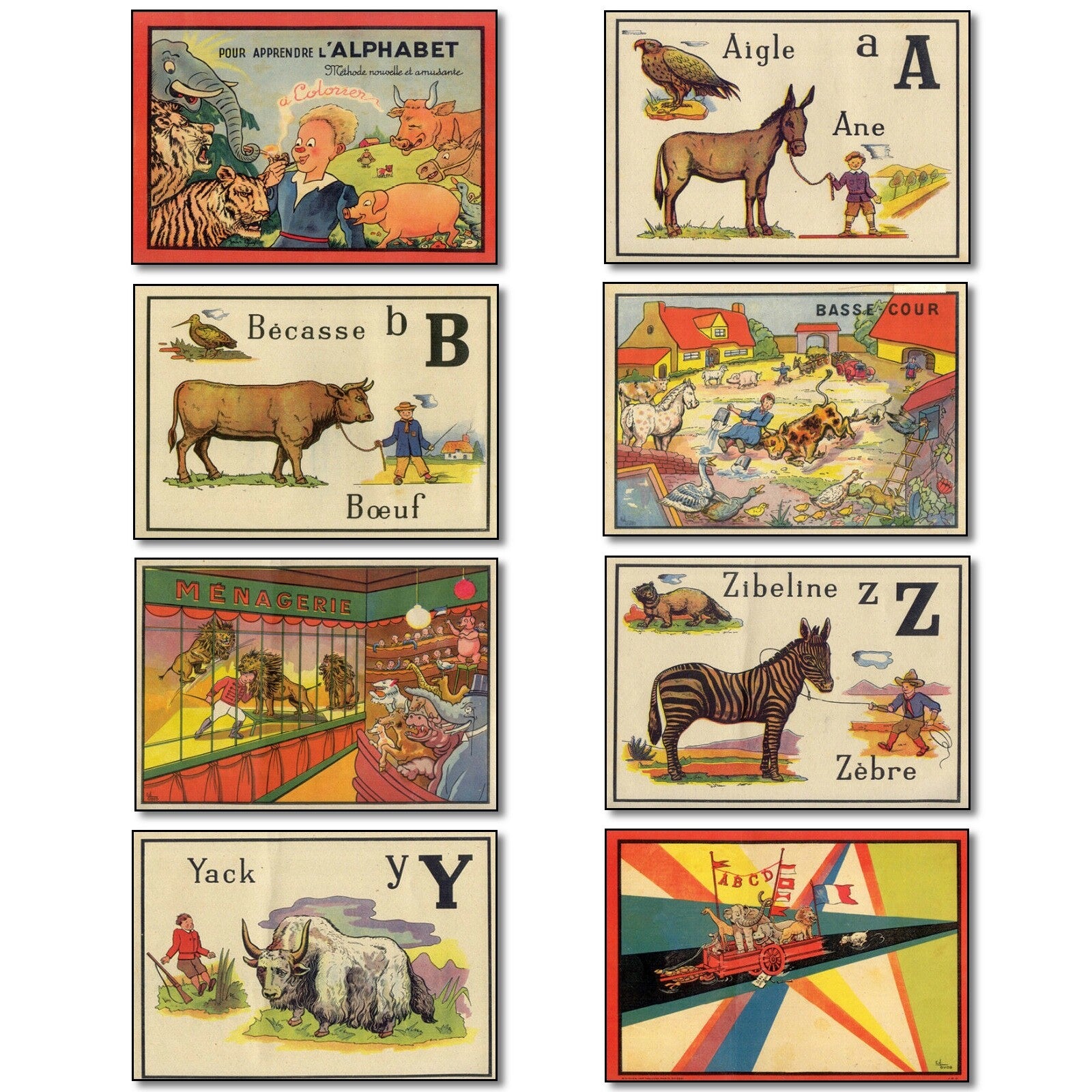 Vintage French children's alphabet fridge magnets, 8-piece set, retro chic design, colorful and playful for kitchen decor.