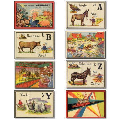 Vintage French children's alphabet fridge magnets, 8-piece set, retro chic design, colorful and playful for kitchen decor.