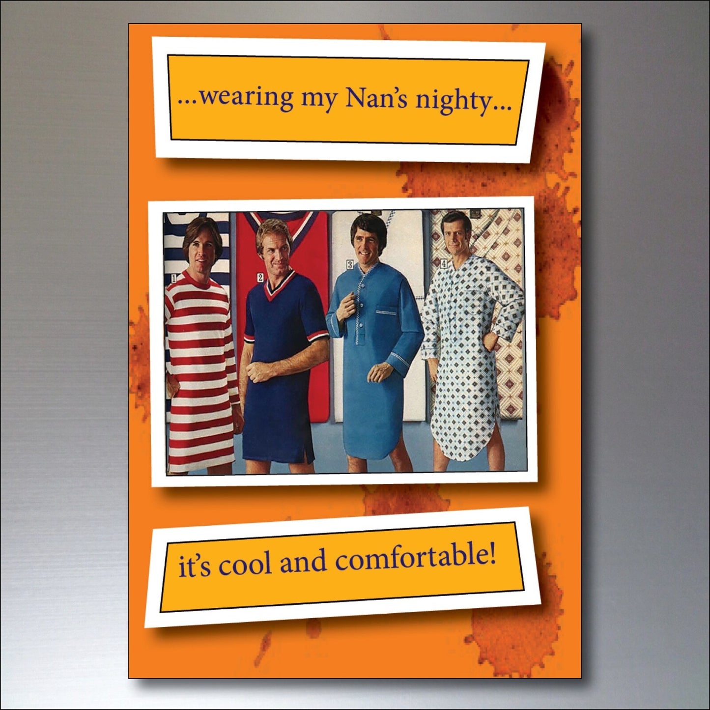 Set of eight funny knitwear fashion fridge magnets featuring 1970s style designs in vibrant colors, ideal for decorating a refrigerator.