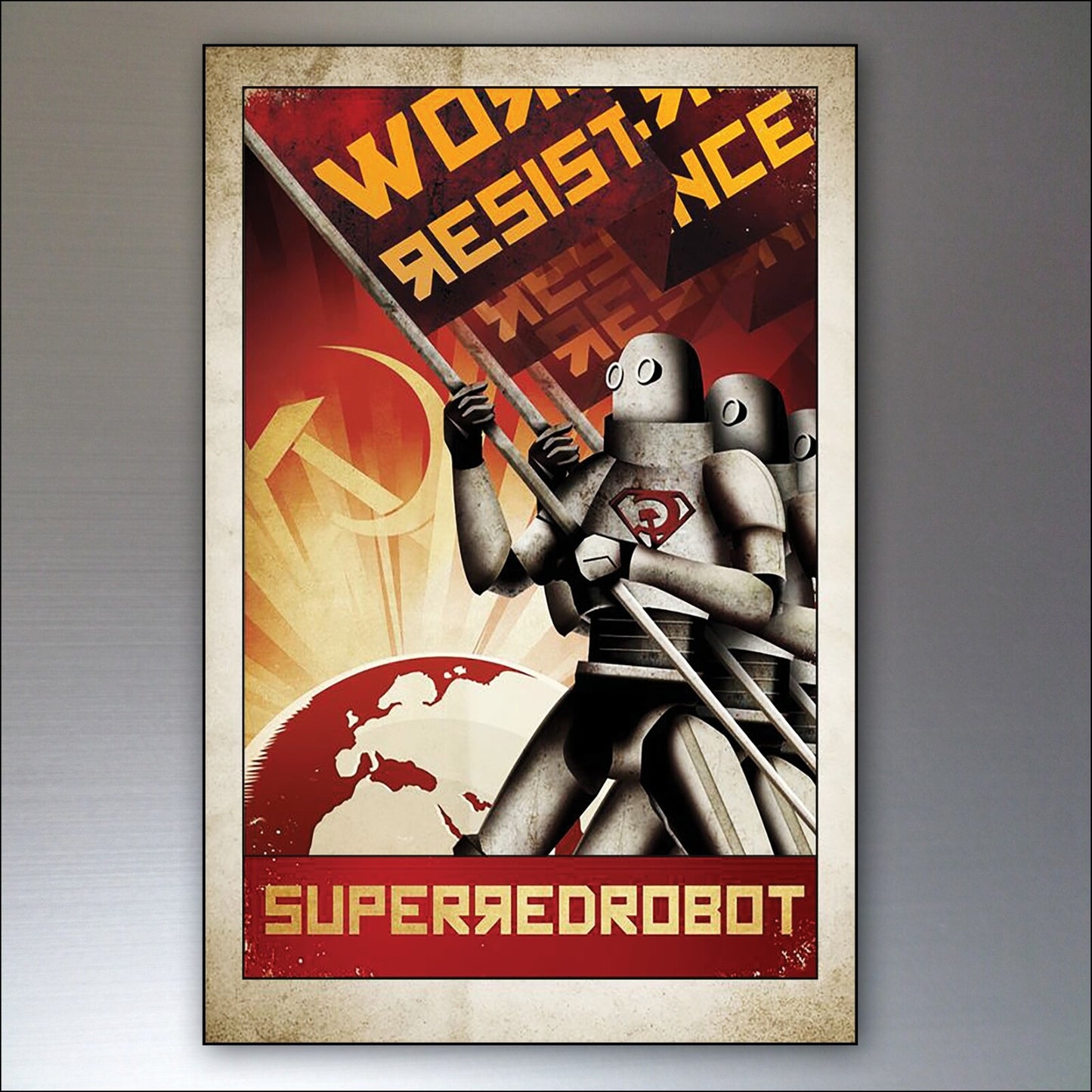 Set of 8 vintage sci-fi robot metropolis fridge magnets featuring stylized retro robot designs for a unique kitchen decor display.