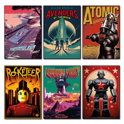 Set of six vintage retro sci-fi artwork fridge magnets featuring large science fiction designs, unbranded collectible space-themed magnets.