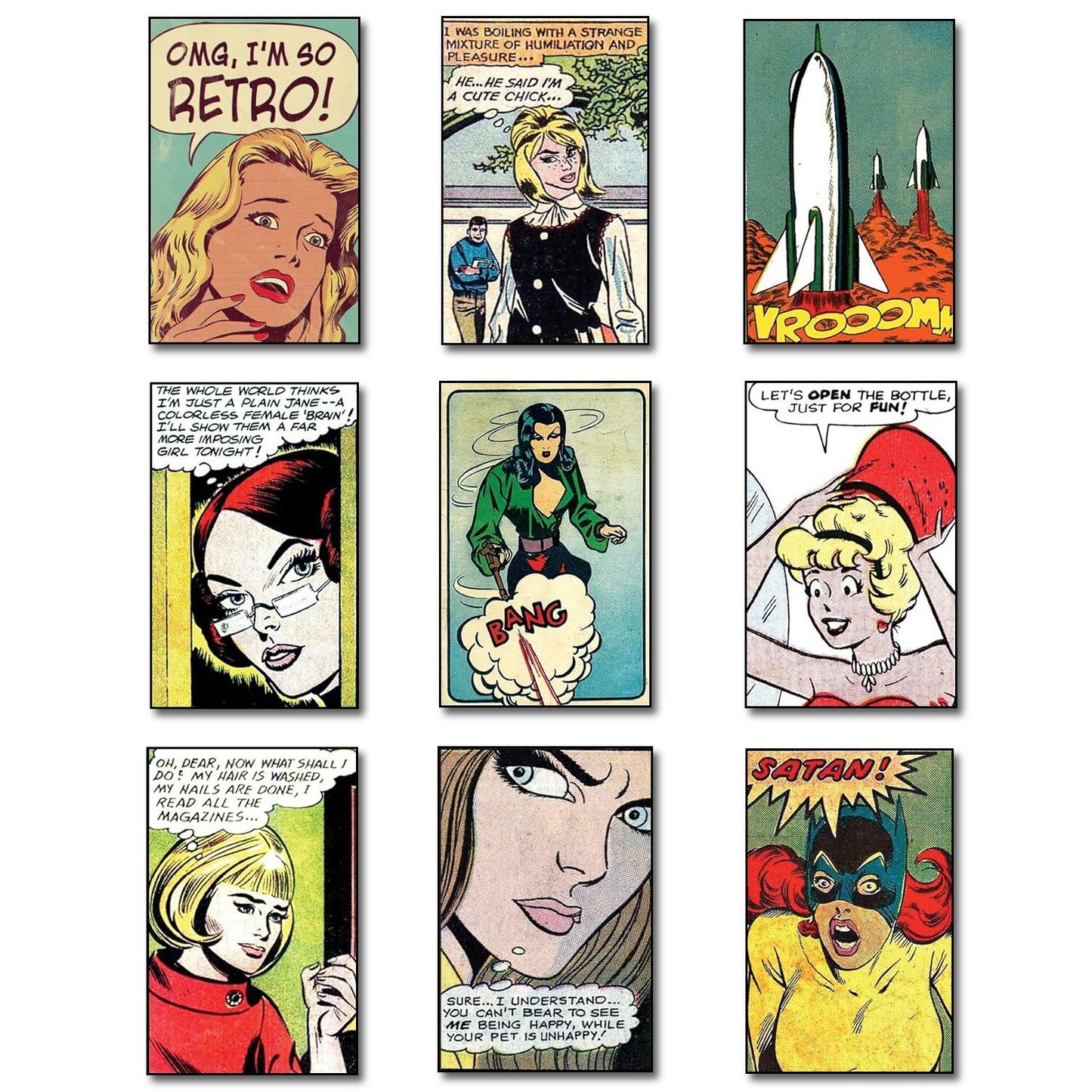 Set of 9 vintage retro comic strip fridge magnets by Classic featuring funny quotes and colorful cartoon designs.