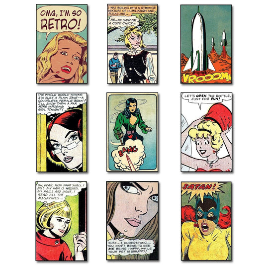 Set of 9 vintage retro comic strip fridge magnets by Classic featuring funny quotes and colorful cartoon designs.
