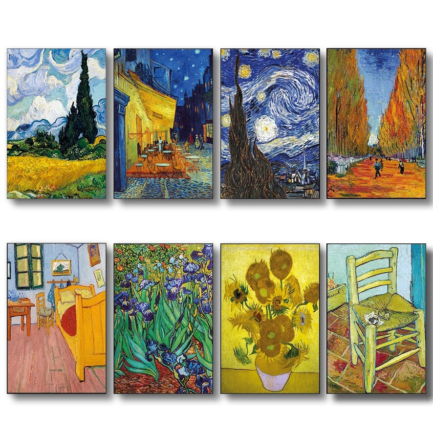 Set of 8 Vincent van Gogh painting fridge magnets, colorful and decorative magnetic clips for refrigerator decor.