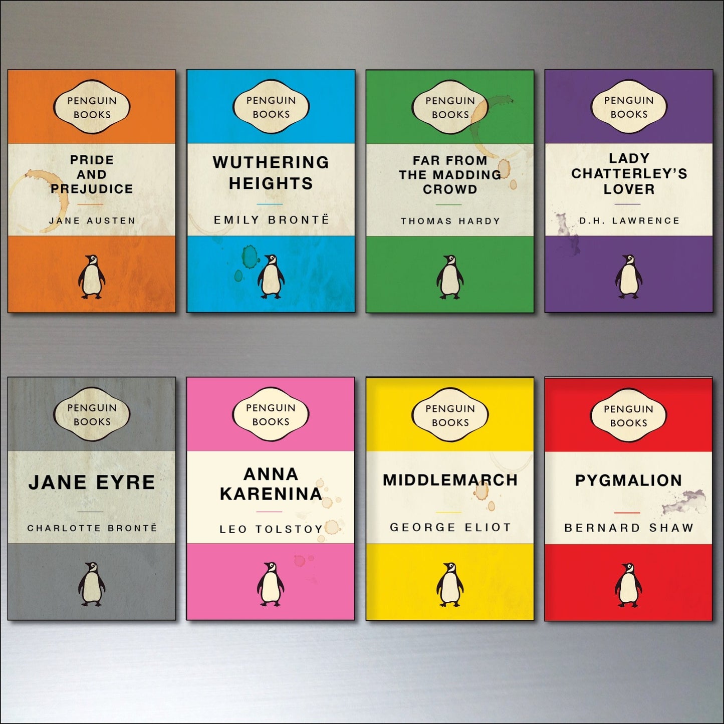 Set of 8 vintage penguin book cover retro fridge magnets featuring classic literary designs, unbranded collectible kitchen decor.