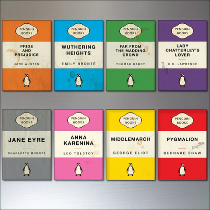 Set of 8 vintage penguin book cover retro fridge magnets featuring classic literary designs, unbranded collectible kitchen decor.
