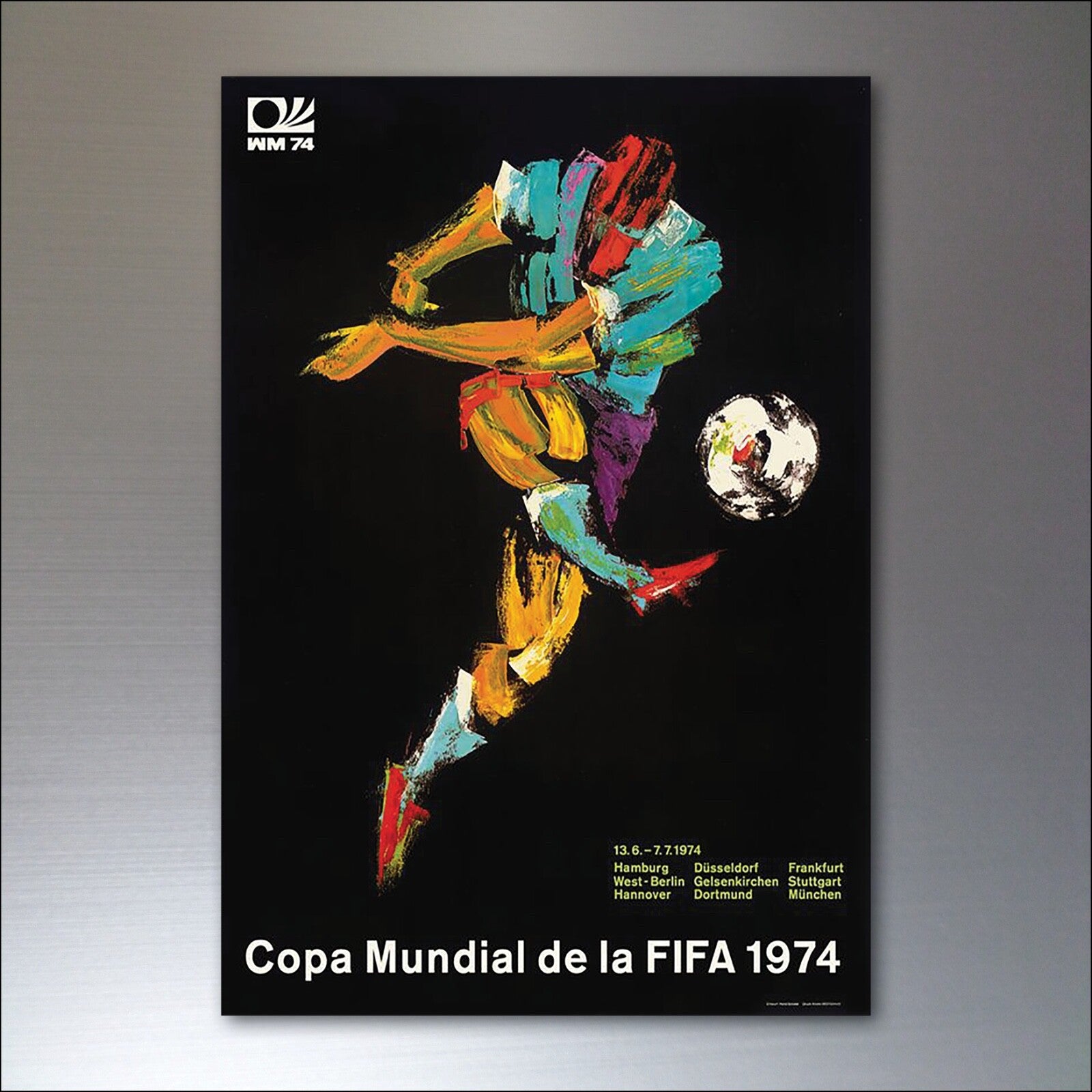Set of 8 vintage football World Cup poster fridge magnets featuring historic tournament images from 1954 to 1982.