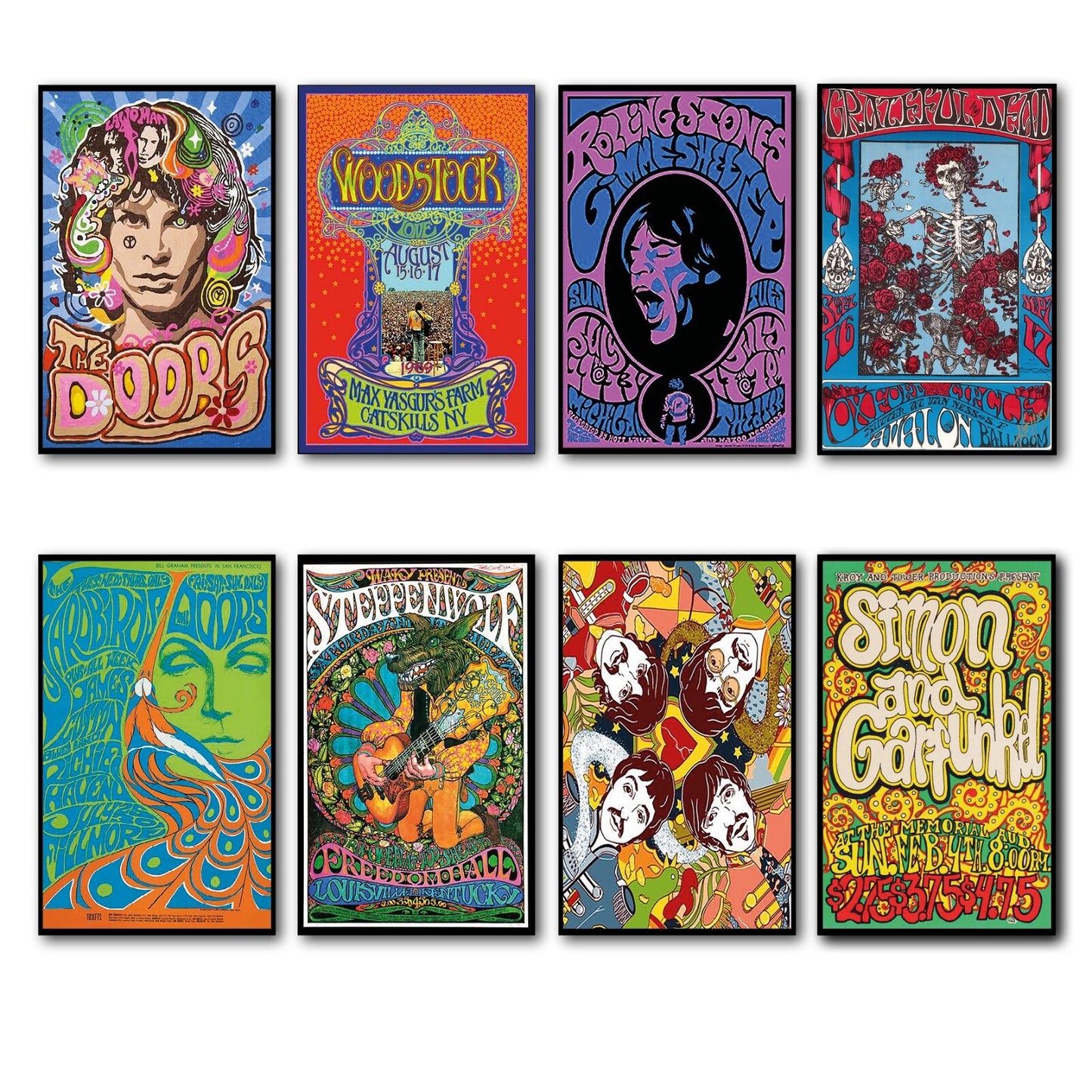 Set of 8 vintage 1960s and 70s psychedelic music posters fridge magnets featuring colorful, retro designs and bold typography.