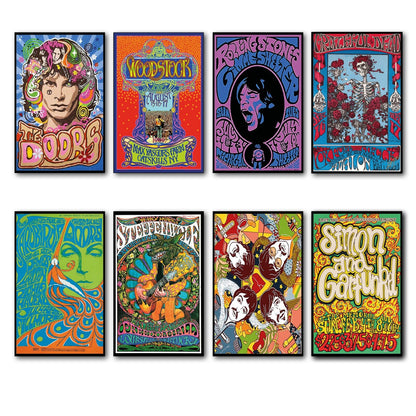 Set of 8 vintage 1960s and 70s psychedelic music posters fridge magnets featuring colorful, retro designs and bold typography.