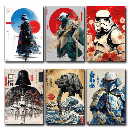 Set of six vintage retro sci-fi space wars fridge magnets featuring futuristic space battle artwork, unbranded large sci-fi magnet set.