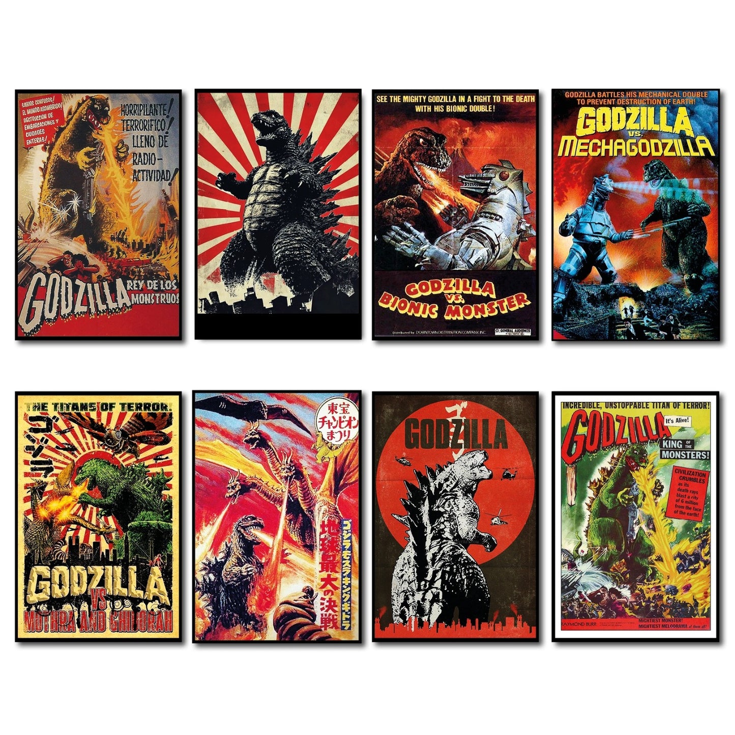Set of 8 vintage Godzilla film poster fridge magnets, featuring classic monster images and colorful retro designs.