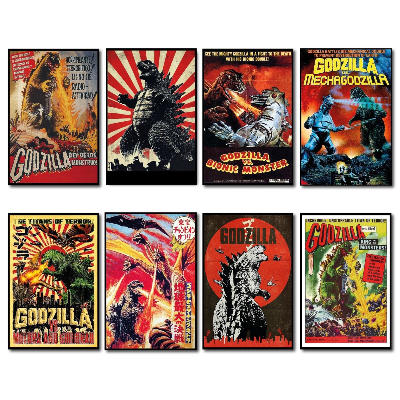 Set of 8 vintage Godzilla film poster fridge magnets, featuring classic monster images and colorful retro designs.