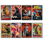 Set of 8 vintage Godzilla film poster fridge magnets, featuring classic monster images and colorful retro designs.