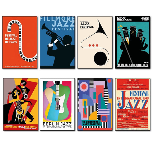 Set of 8 vintage 1960s-70s jazz festival music posters fridge magnets featuring colorful, decorative jazz-themed artwork.