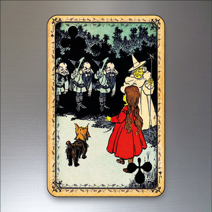Set of 8 vintage Wizard of Oz themed fridge magnets featuring decorative playing card designs on a silver background.