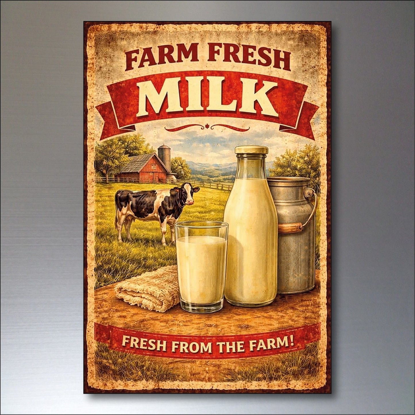 Set of 6 vintage farm foods and produce fridge magnets, large flexible magnets with colorful farm-themed illustrations.