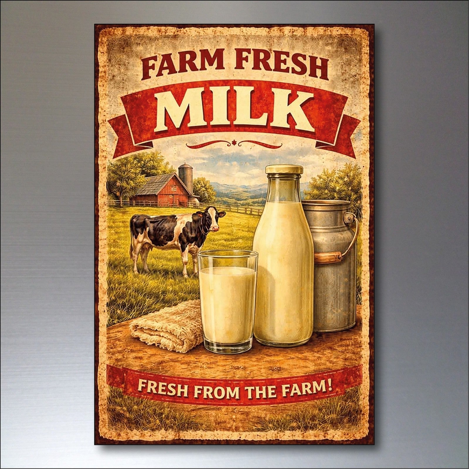 Set of 6 vintage farm foods and produce fridge magnets, large flexible magnets with colorful farm-themed illustrations.