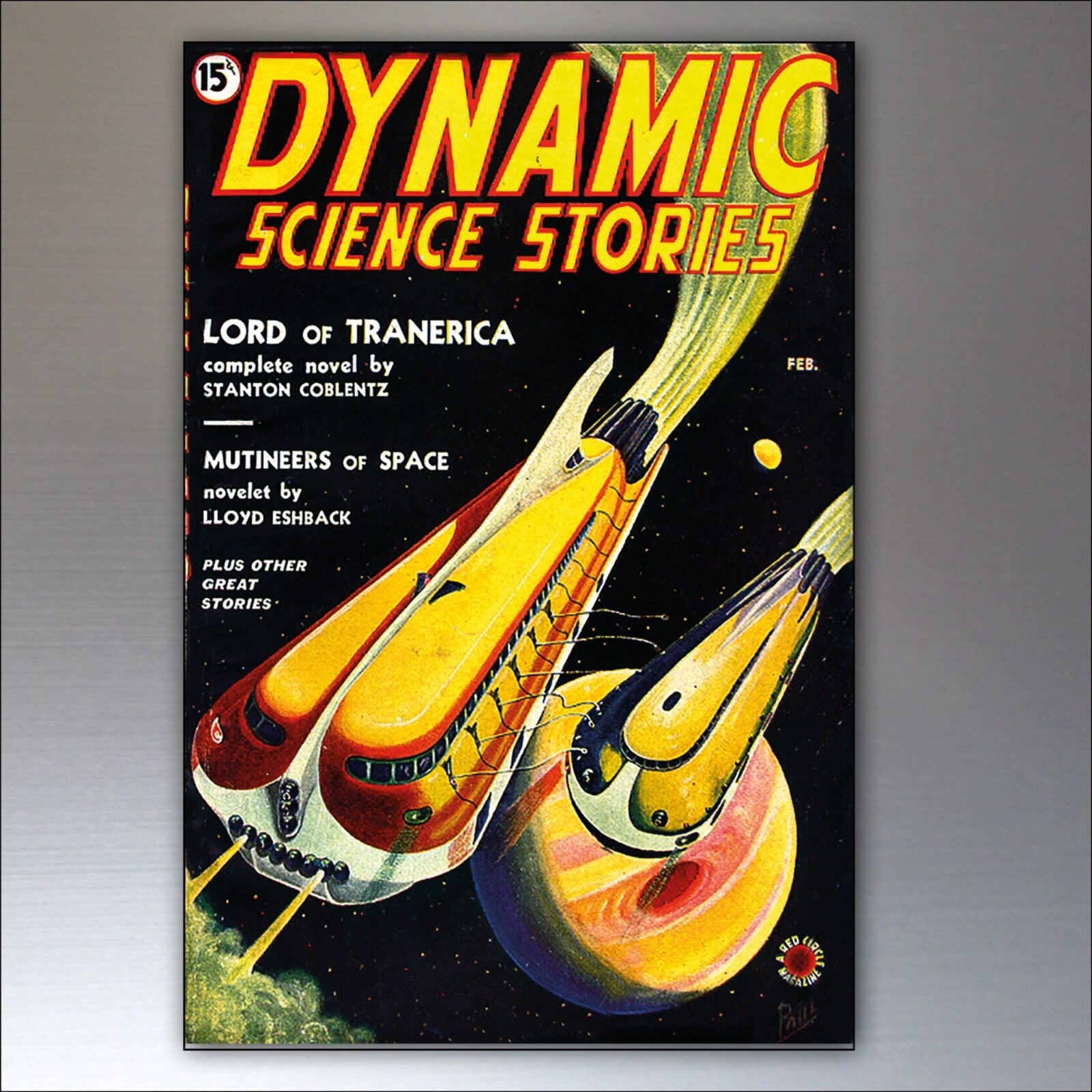 Set of 8 vintage sci-fi novel artwork fridge magnets featuring retro science fiction illustrations and designs.