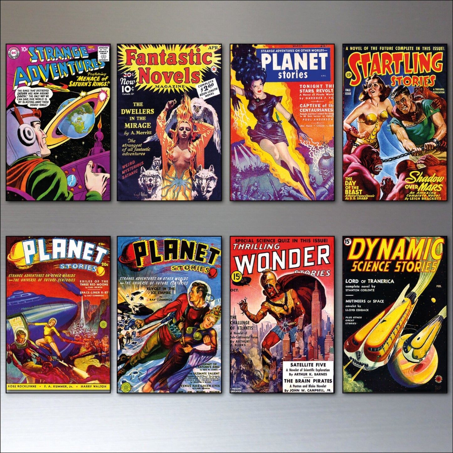 Set of 8 vintage sci-fi novel artwork fridge magnets featuring retro space-themed illustrations and science fiction designs.