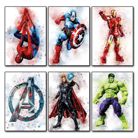 Set of six vintage superhero and villain fridge magnets featuring colorful comic character designs, by Super Hero brand.