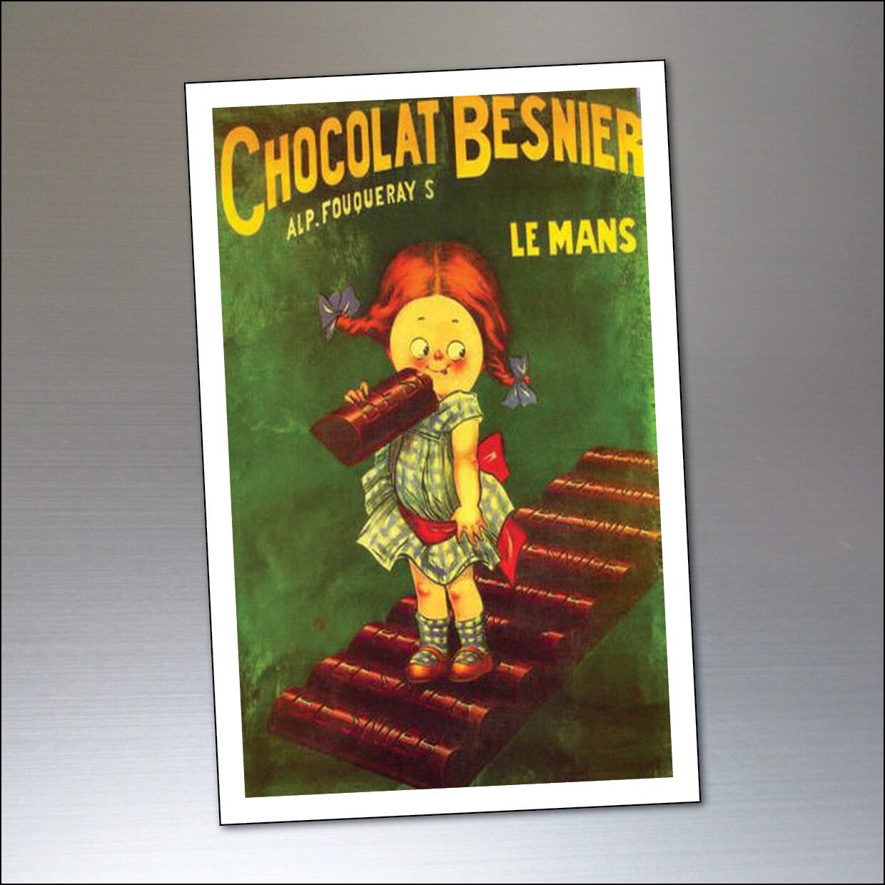 Vintage-style fridge magnets featuring 9 chocolate-themed retro advertising posters with shabby chic design.
