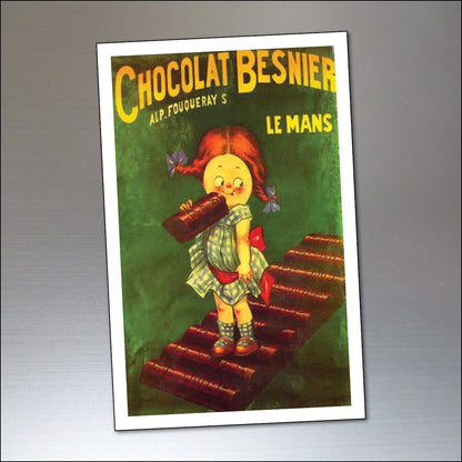 Vintage-style fridge magnets featuring 9 chocolate-themed retro advertising posters with shabby chic design.