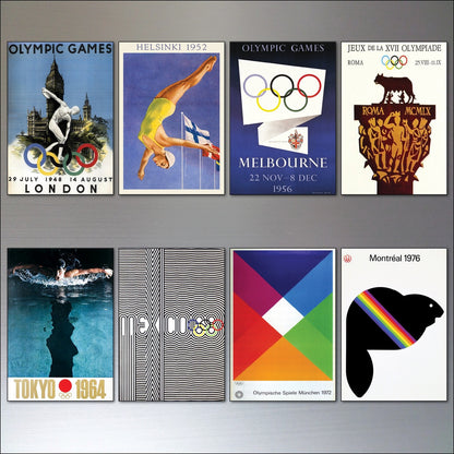 Set of 8 vintage fridge magnets featuring Olympic sports posters, ideal for decorating a refrigerator with Olympic-themed images.