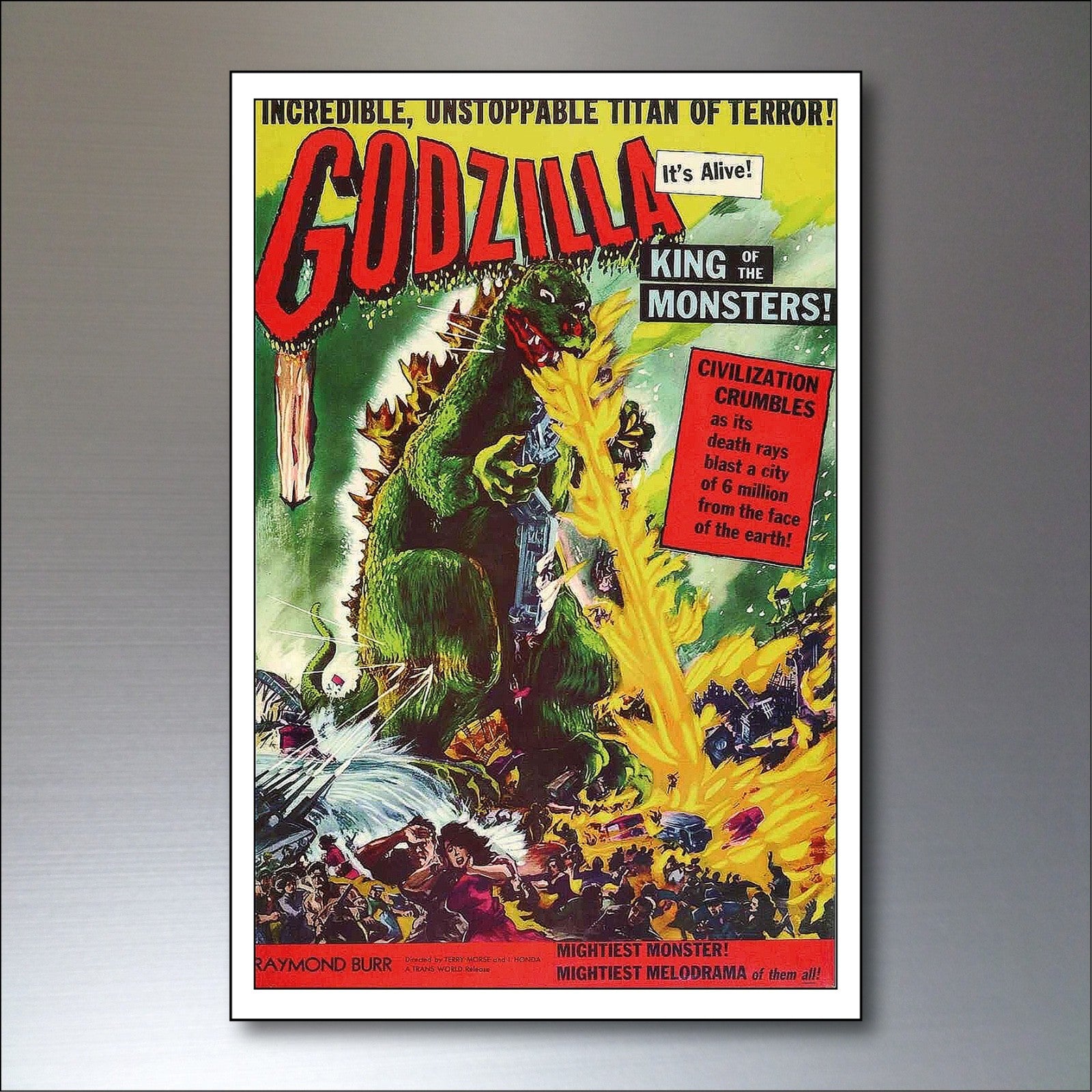 Set of 8 vintage Godzilla film poster fridge magnets featuring classic monster images, perfect for refrigerator decor.