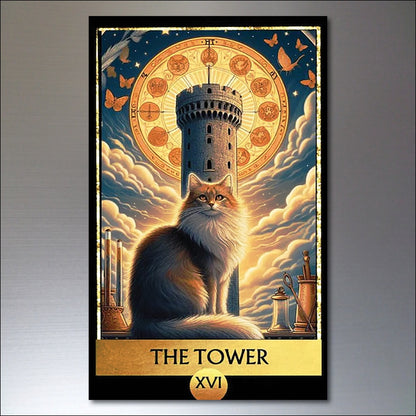 Set of 8 vintage tarot cat retro fridge magnets featuring mystical cat art, perfect for decorating refrigerators with a mystical theme.