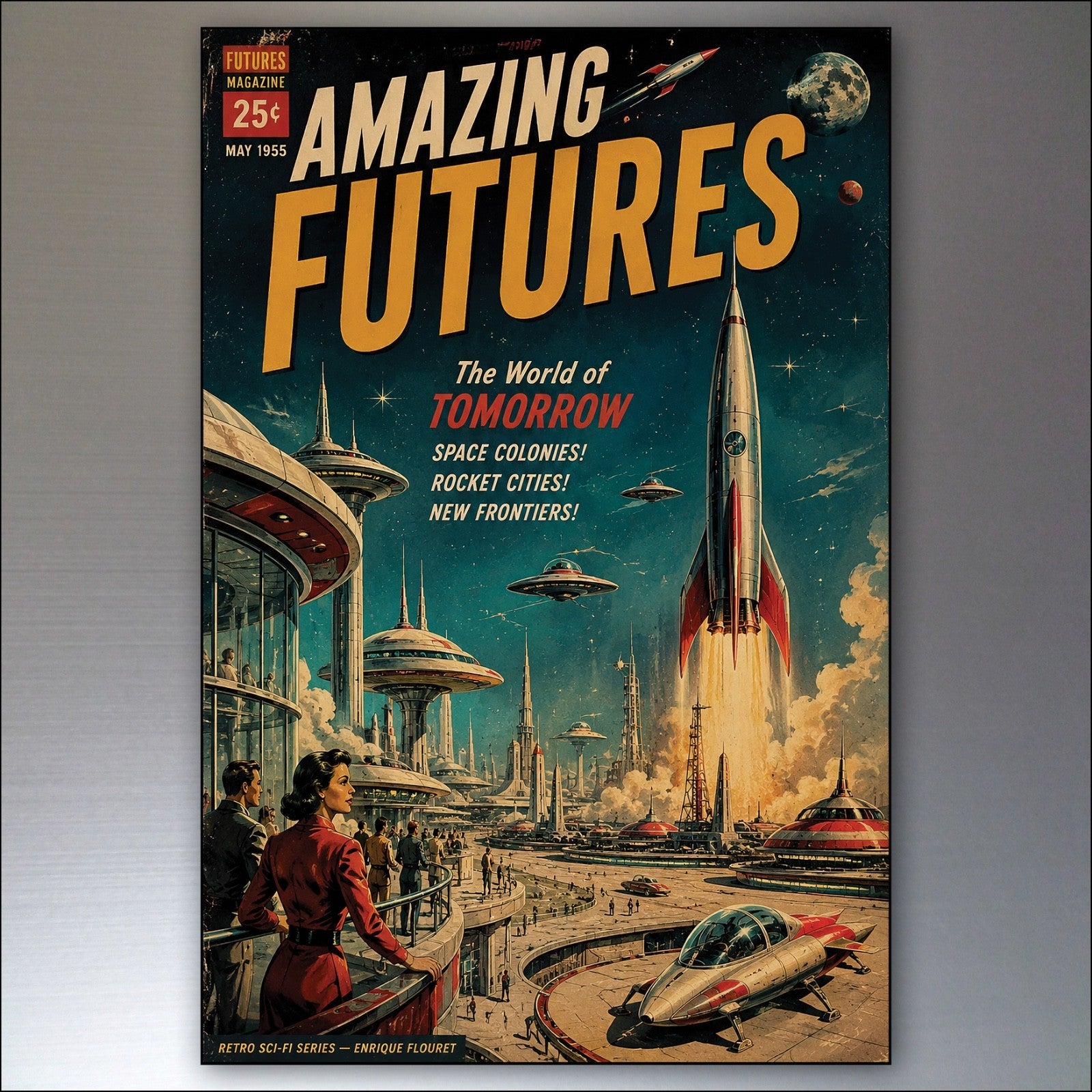 Set of six vintage sci-fi novel fridge magnets with retro artwork, featuring space-themed designs and classic science fiction illustrations.