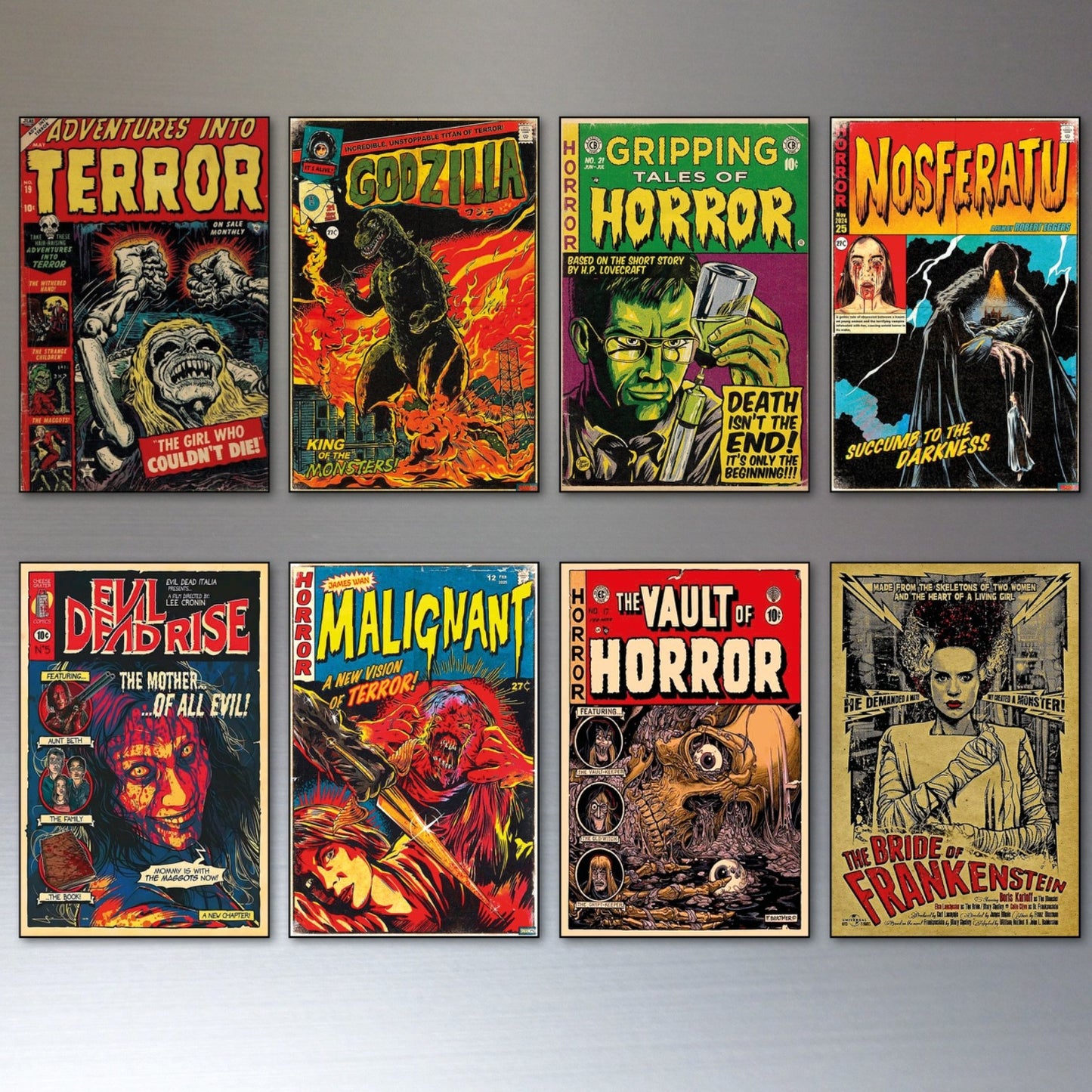 Set of 8 vintage Halloween horror comic cover fridge magnets, featuring spooky and scary designs, unbranded decorative magnets.