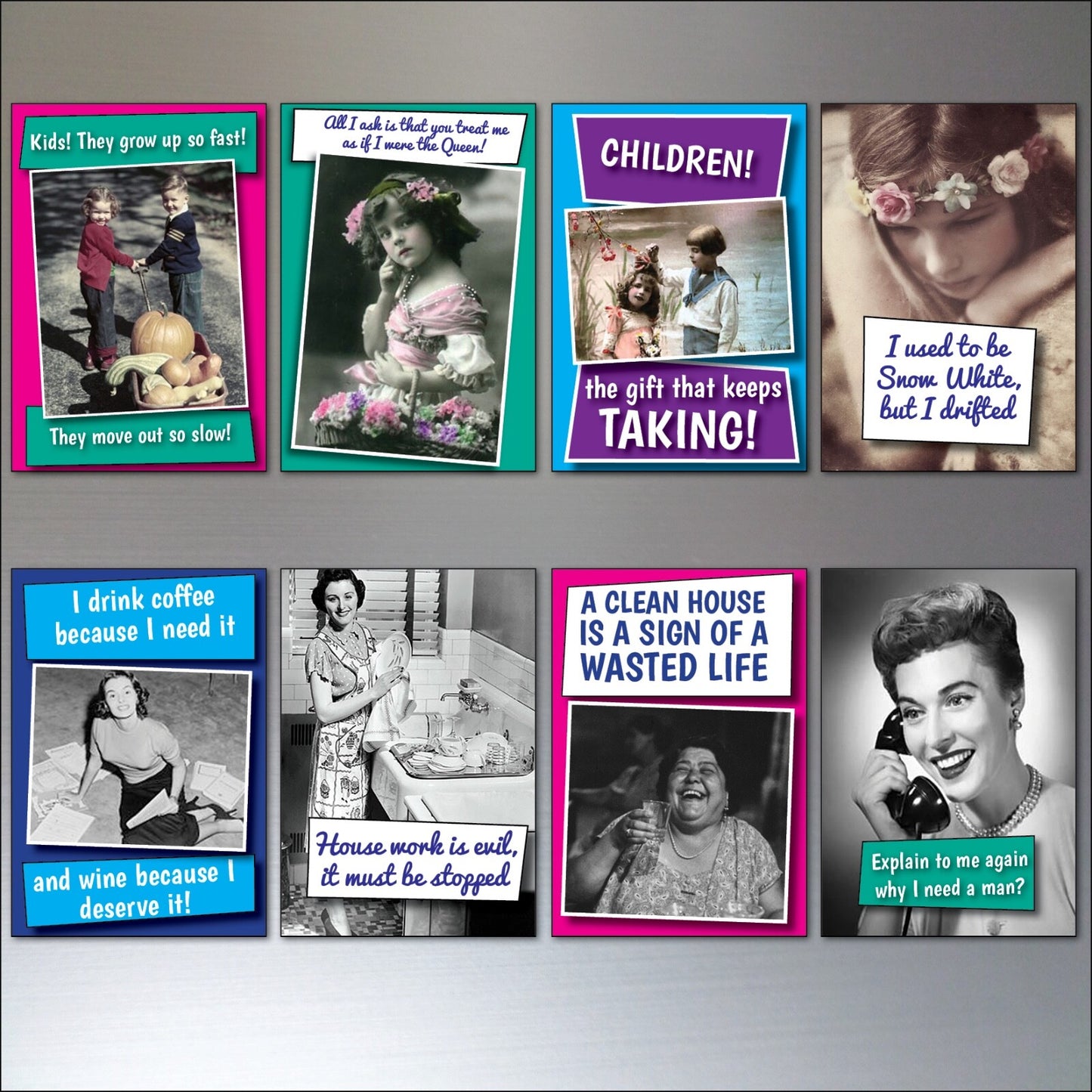 Set of 8 humorous and inspirational fridge magnets with funny quotes, featuring colorful designs and playful typography.