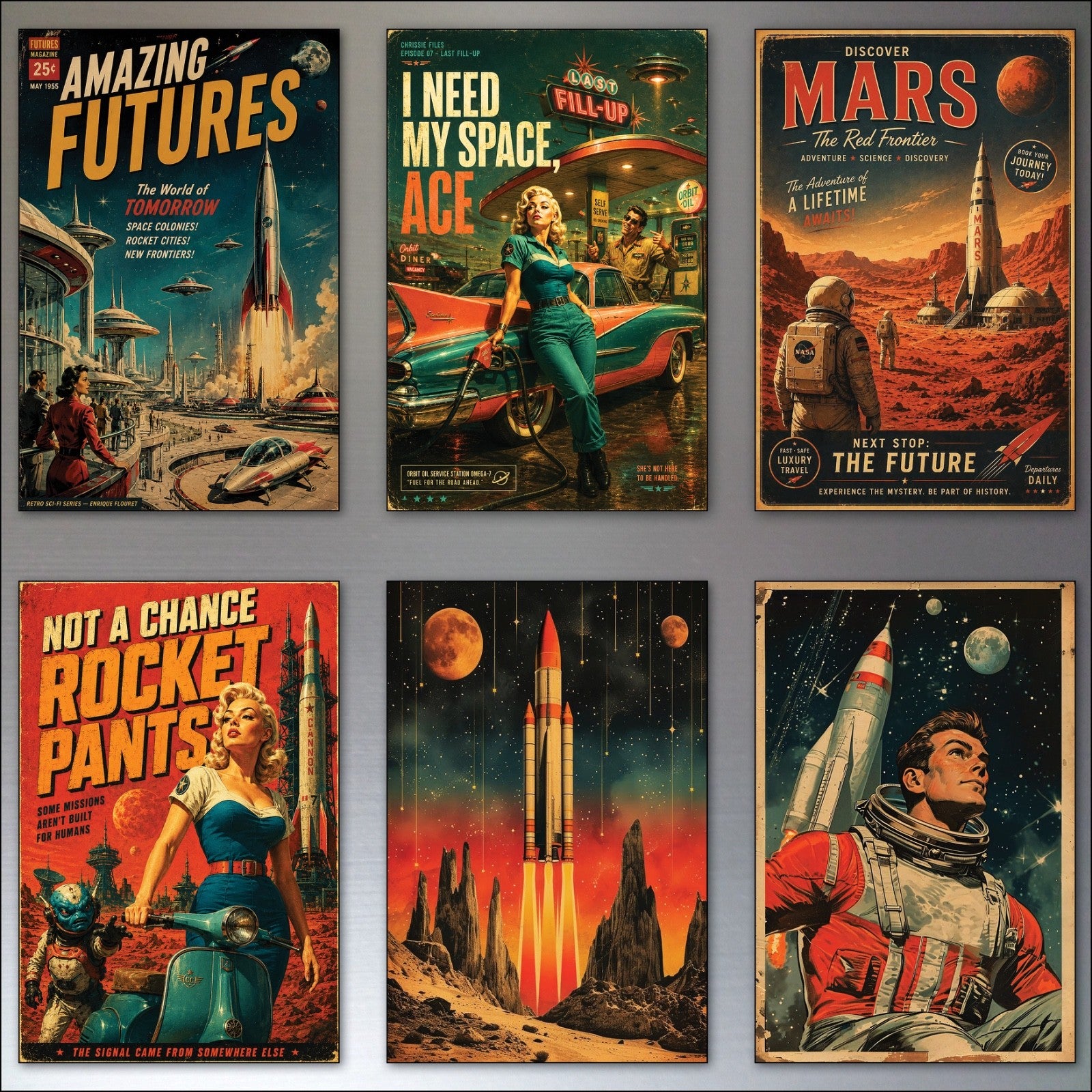 Set of six vintage sci-fi novel fridge magnets featuring retro artwork, perfect for space-themed kitchen decor.