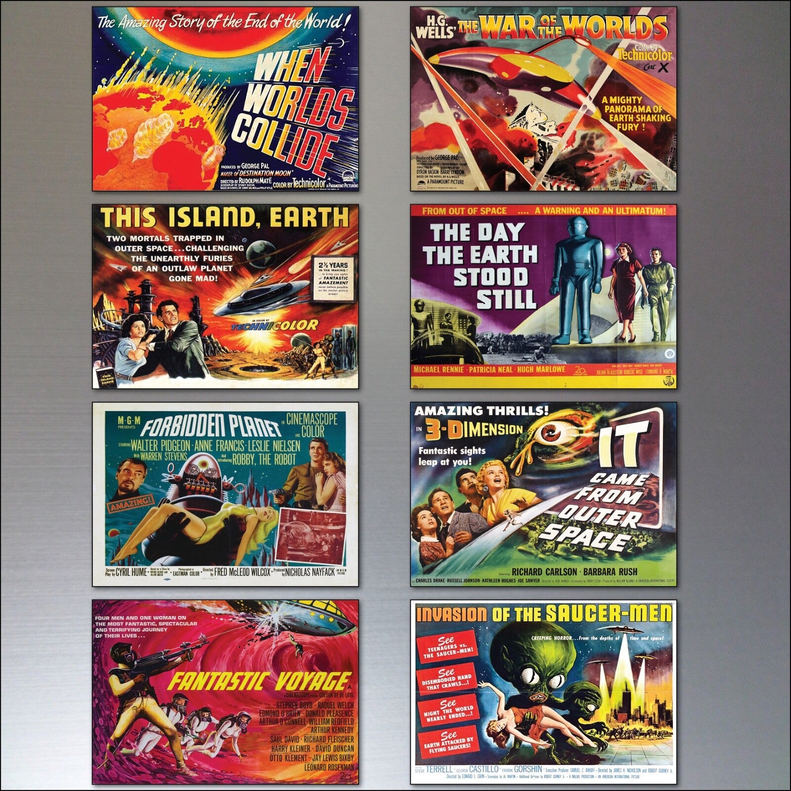 Set of 8 classic B movie film poster fridge magnets, flexible and colorful, featuring vintage horror and sci-fi designs.
