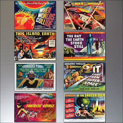 Set of 8 classic B movie film poster fridge magnets, flexible and colorful, featuring vintage horror and sci-fi designs.