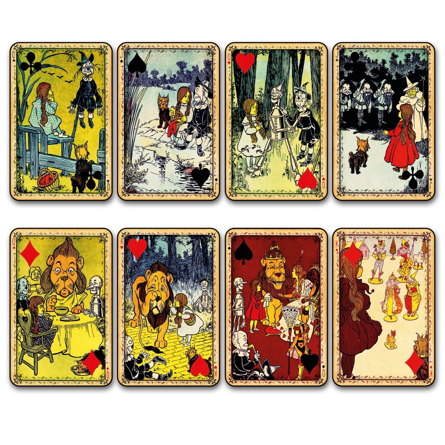 Set of 8 vintage Wizard of Oz playing card fridge magnets, decorative magnetic pieces featuring classic characters and designs.