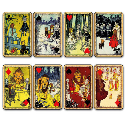 Set of 8 vintage Wizard of Oz playing card fridge magnets, decorative magnetic pieces featuring classic characters and designs.