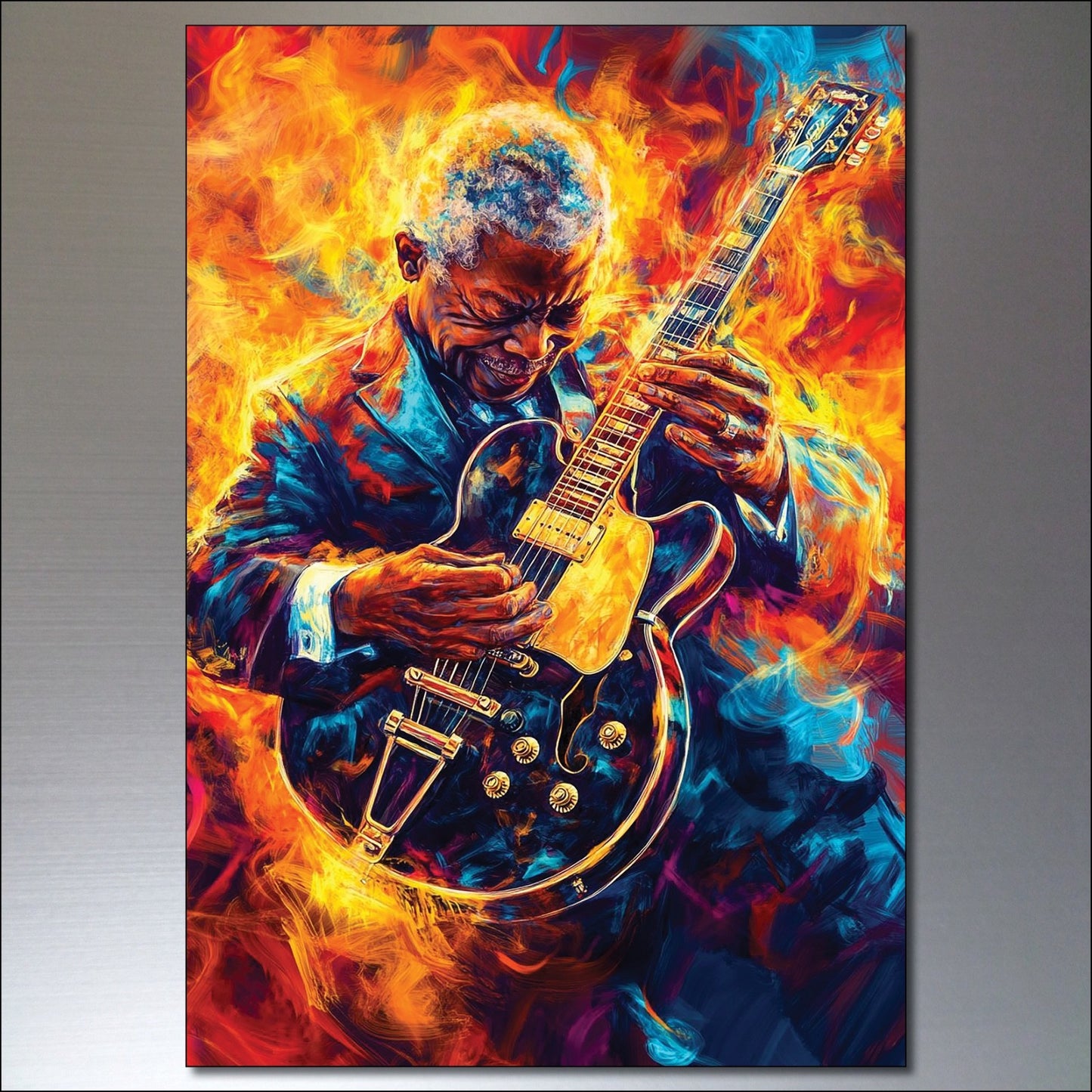 Set of 8 vintage blues, jazz, and soul icon paintings fridge magnets, featuring colorful musical-themed artwork.
