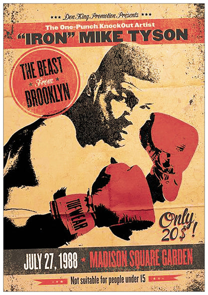 Vintage Mike Tyson boxing fight poster print by Bubbadoodoo featuring a dynamic image of the legendary boxer in action.