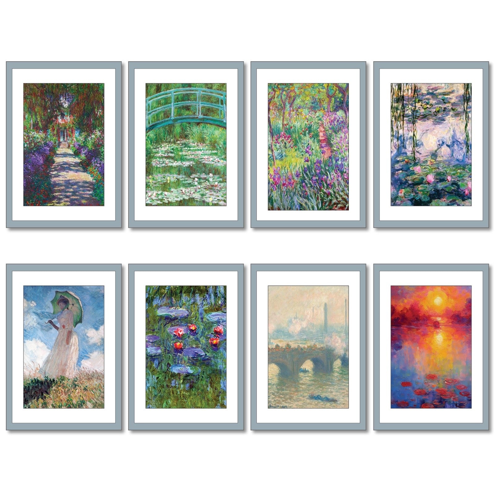 Set of 8 vintage Claude Monet fridge magnets featuring classic art paintings, perfect for decorating your refrigerator.
