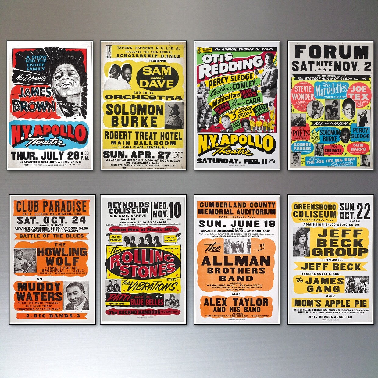 Set of 8 vintage 1960s-70s blues and soul music posters fridge magnets featuring colorful retro music artwork.