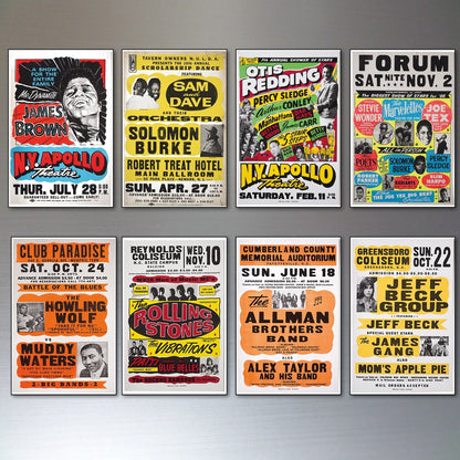 Set of 8 vintage 1960s-70s blues and soul music posters fridge magnets featuring colorful retro music artwork.